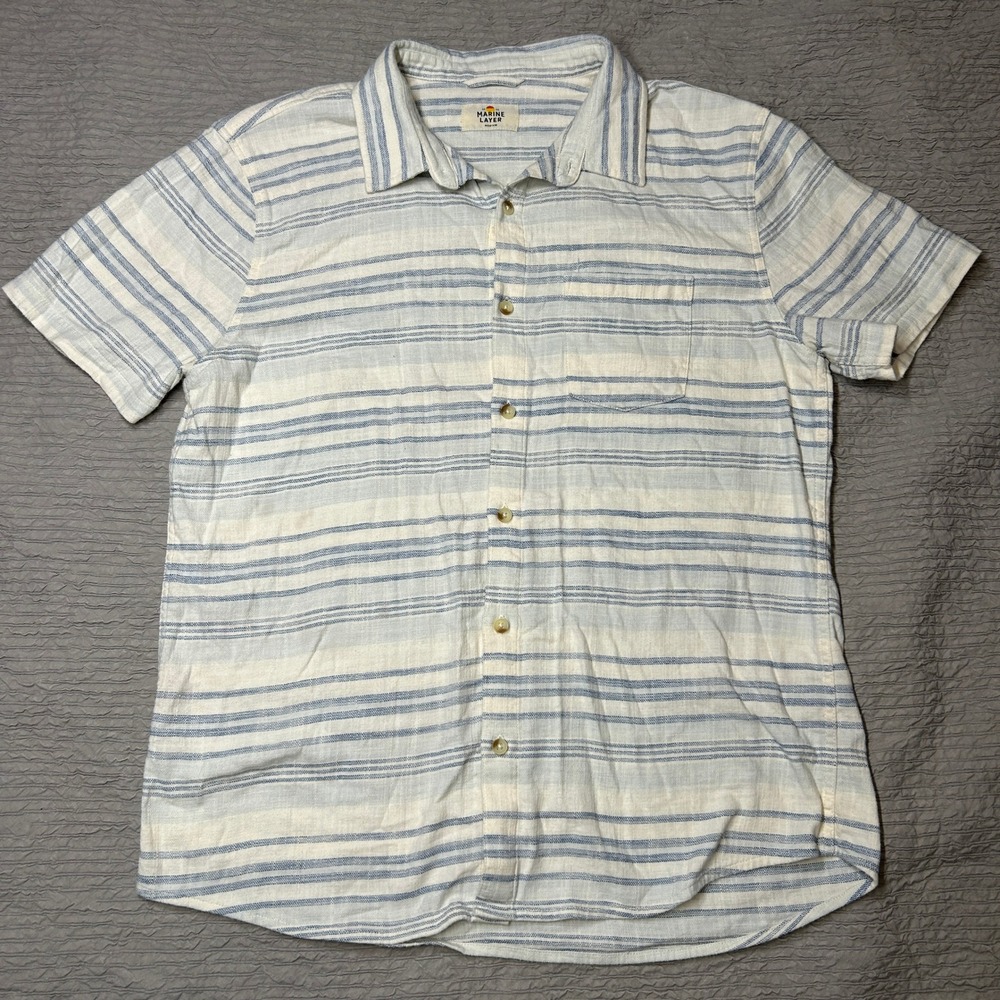 Marine Layer Mens Short Sleeve Button Down Shirt Blue Cream Striped Medium